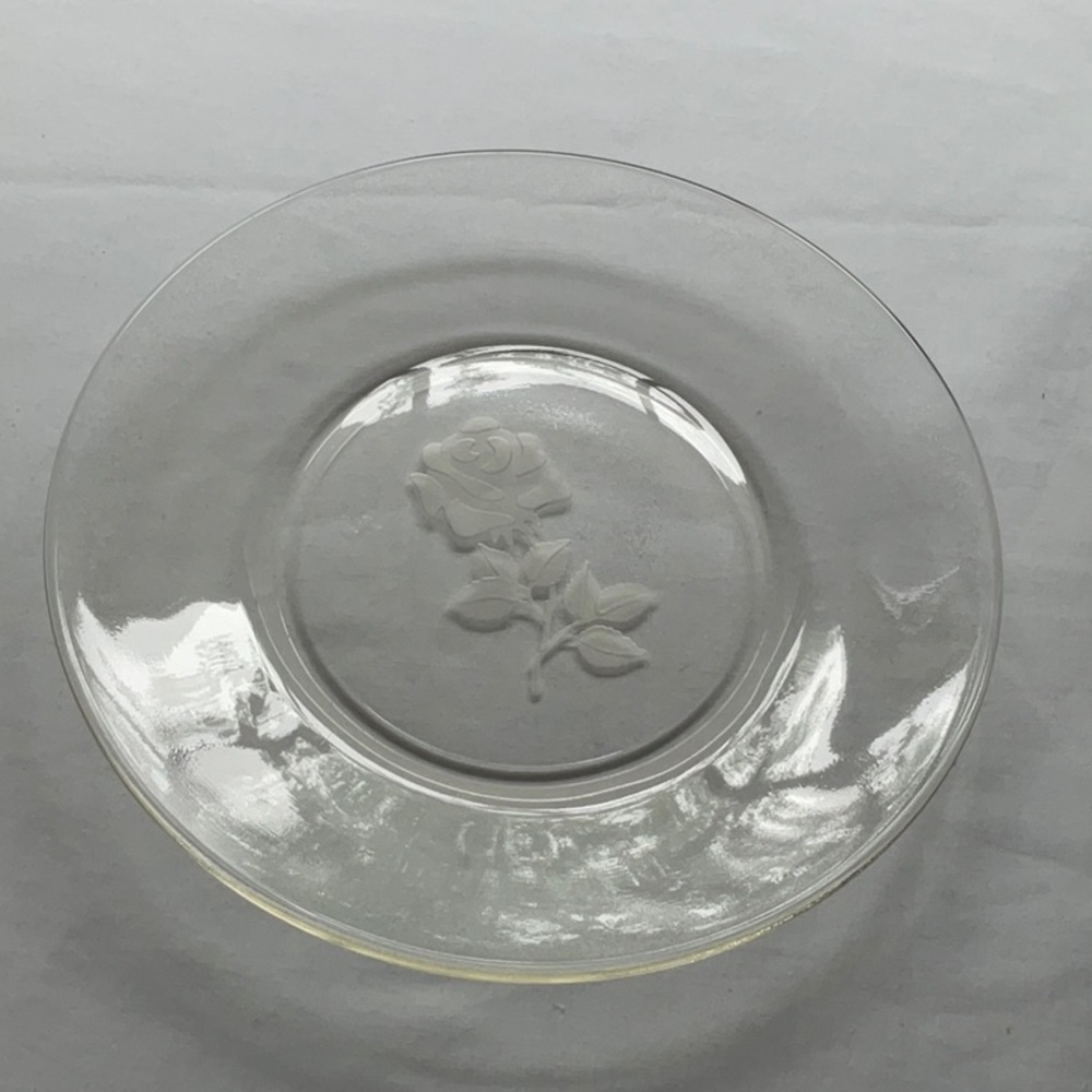 Vintage Clear Glass Etched Rose Plate 8”